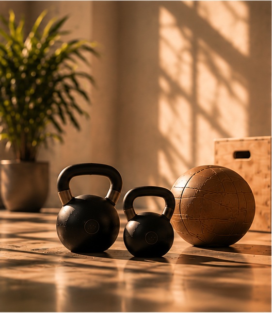 Kettlebells and strength training equipment in a warm studio